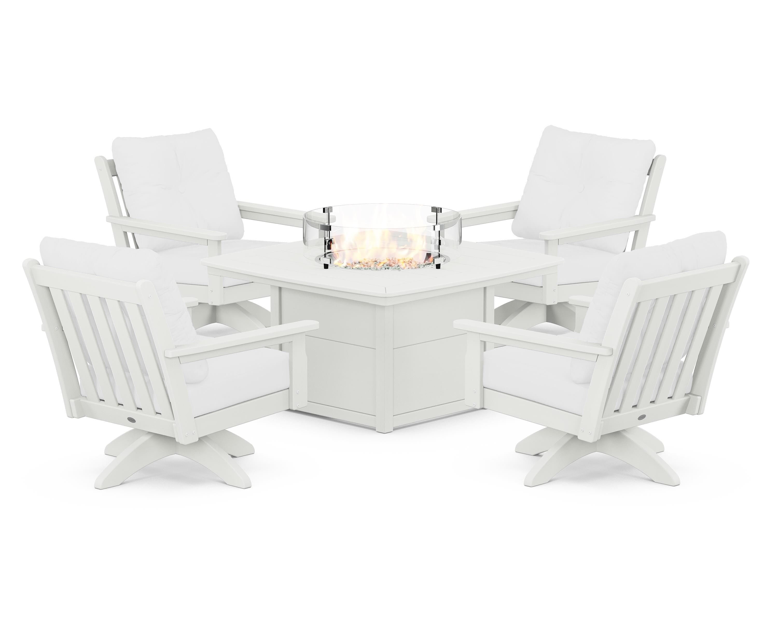 POLYWOOD® Vineyard 5-Piece Deep Seating Swivel Conversation Set with Fire Pit Table in Vintage White / Natural