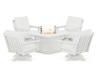 POLYWOOD® Vineyard 5-Piece Deep Seating Swivel Conversation Set with Fire Pit Table in Vintage White / Natural