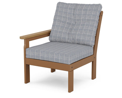 POLYWOOD® Vineyard Modular Left Arm Chair in Teak / Natural / Houndstooth Sky Blue