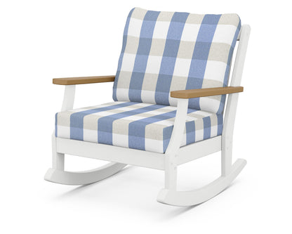 POLYWOOD® Braxton Deep Seating Rocking Chair in White / Natural / Buffalo Plaid Sky Blue
