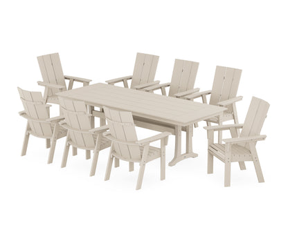 POLYWOOD® Modern Curveback Adirondack 9-Piece Farmhouse Dining Set with Trestle Legs in Sand
