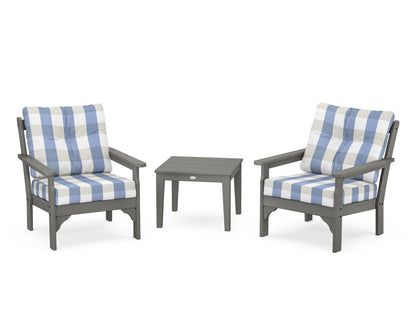 POLYWOOD® Vineyard 3-Piece Deep Seating Set in Slate Grey / Buffalo Plaid Sky Blue