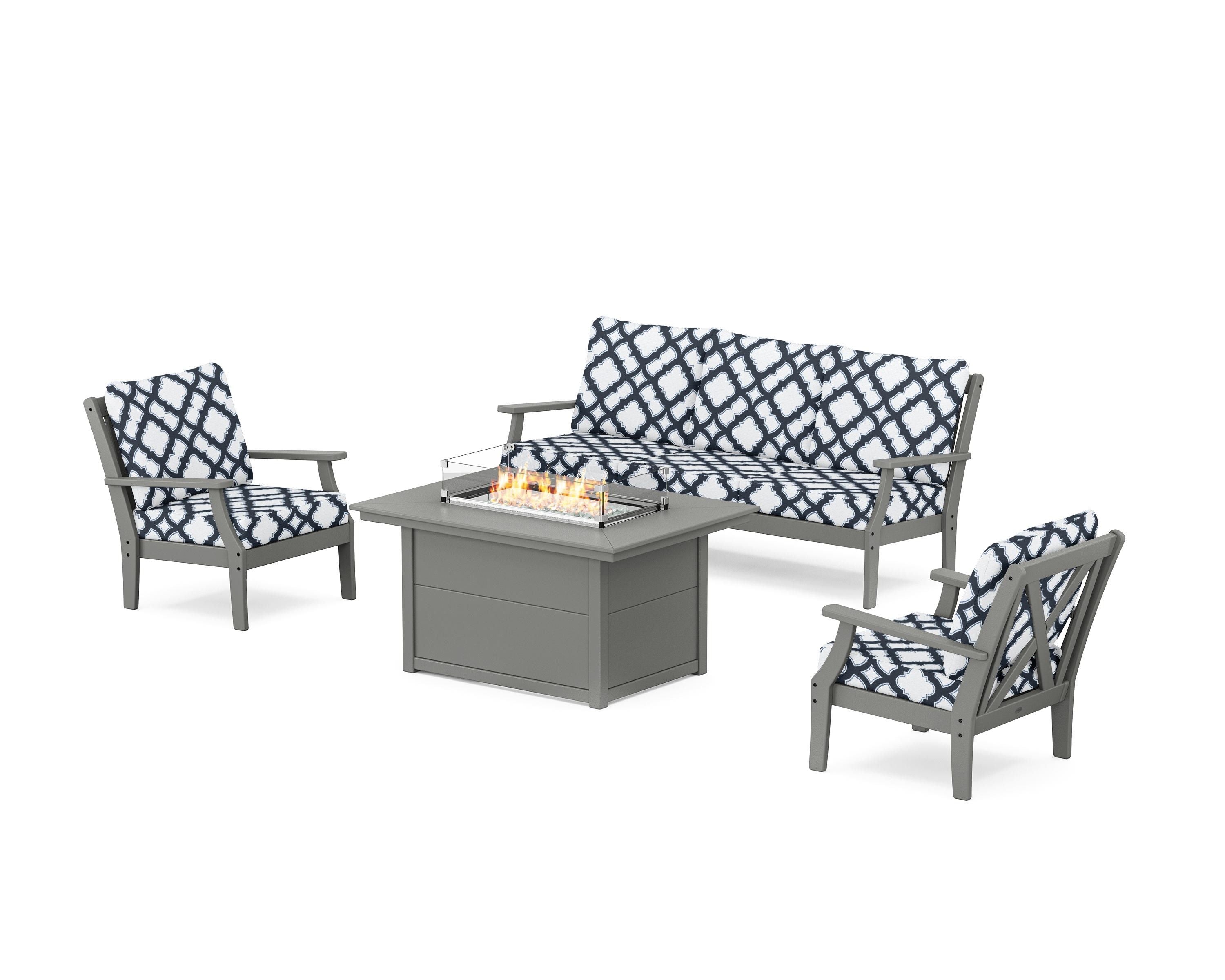POLYWOOD® Braxton Deep Seating Fire Pit Table Set in Slate Grey / Trellis Marine Indigo