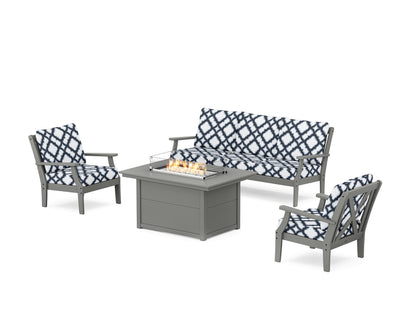 POLYWOOD® Braxton Deep Seating Fire Pit Table Set in Slate Grey / Trellis Marine Indigo