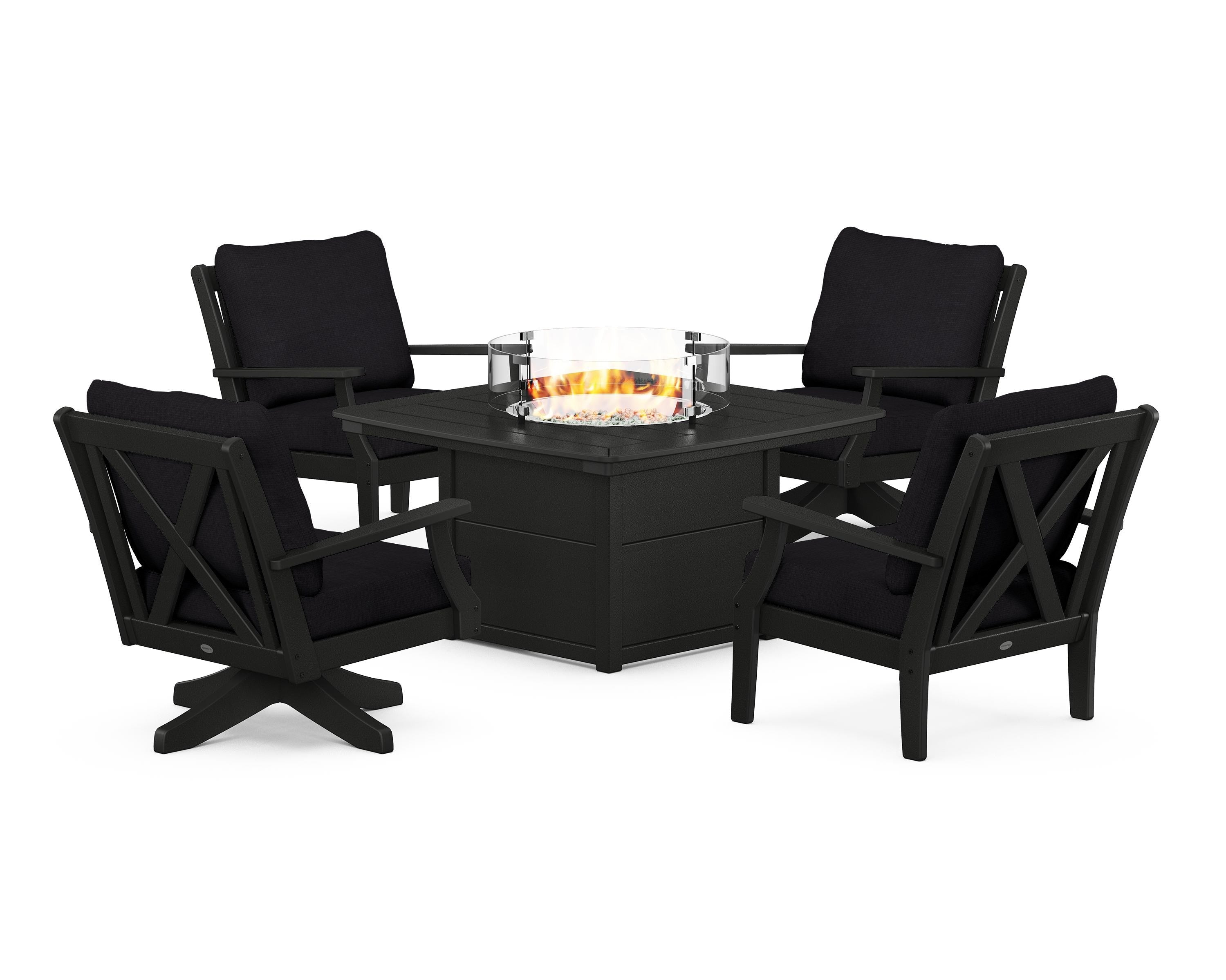 POLYWOOD® Braxton 5-Piece Deep Seating Set with Fire Table in Black / Midnight Linen