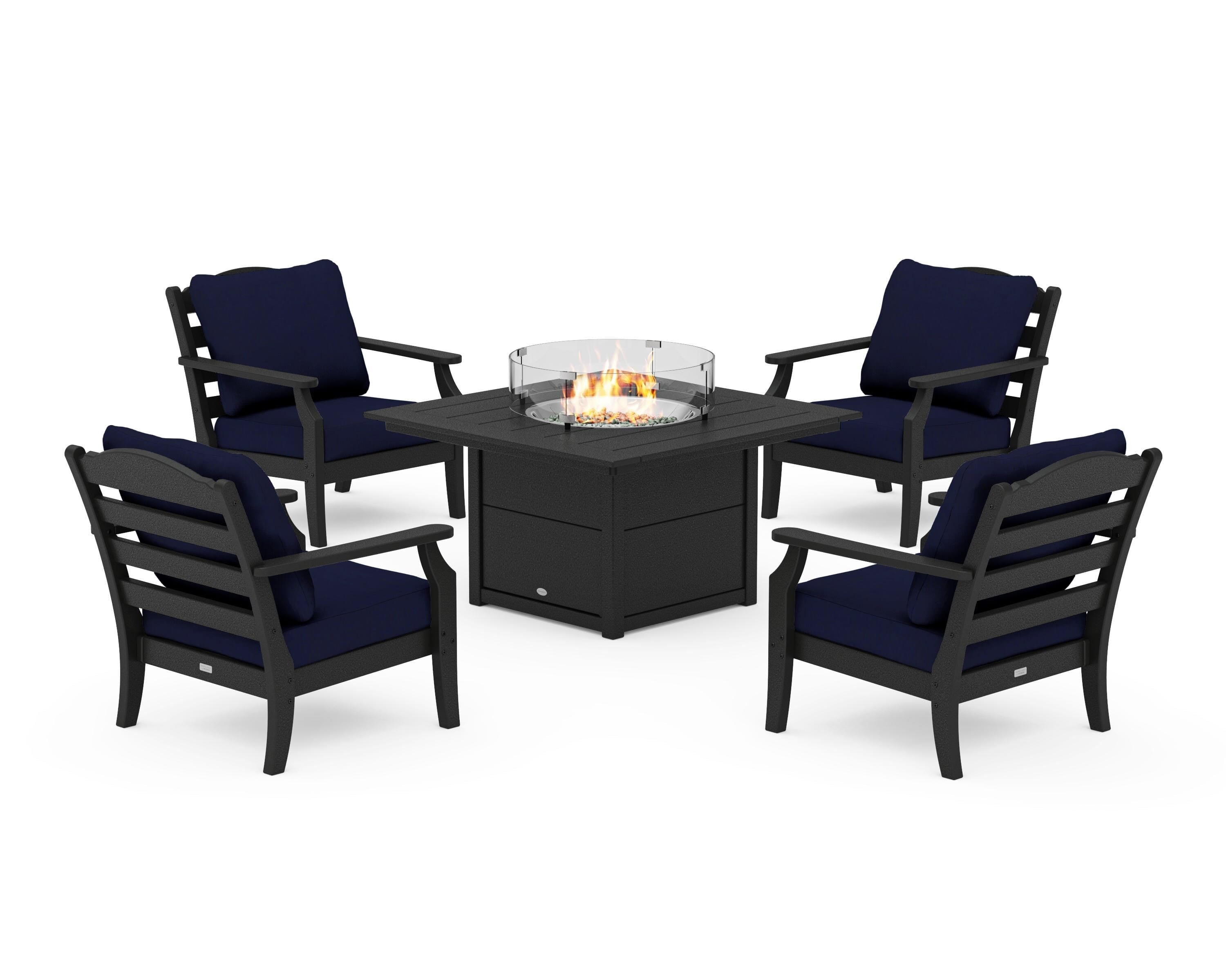 Draper James™ by  POLYWOOD® Savannah 5-Piece Deep Seating Set with Fire Pit Table in Black / Navy