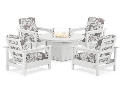 POLYWOOD® Club 5-Piece Conversation Set with Fire Pit Table in White / Leaf Grey Mist