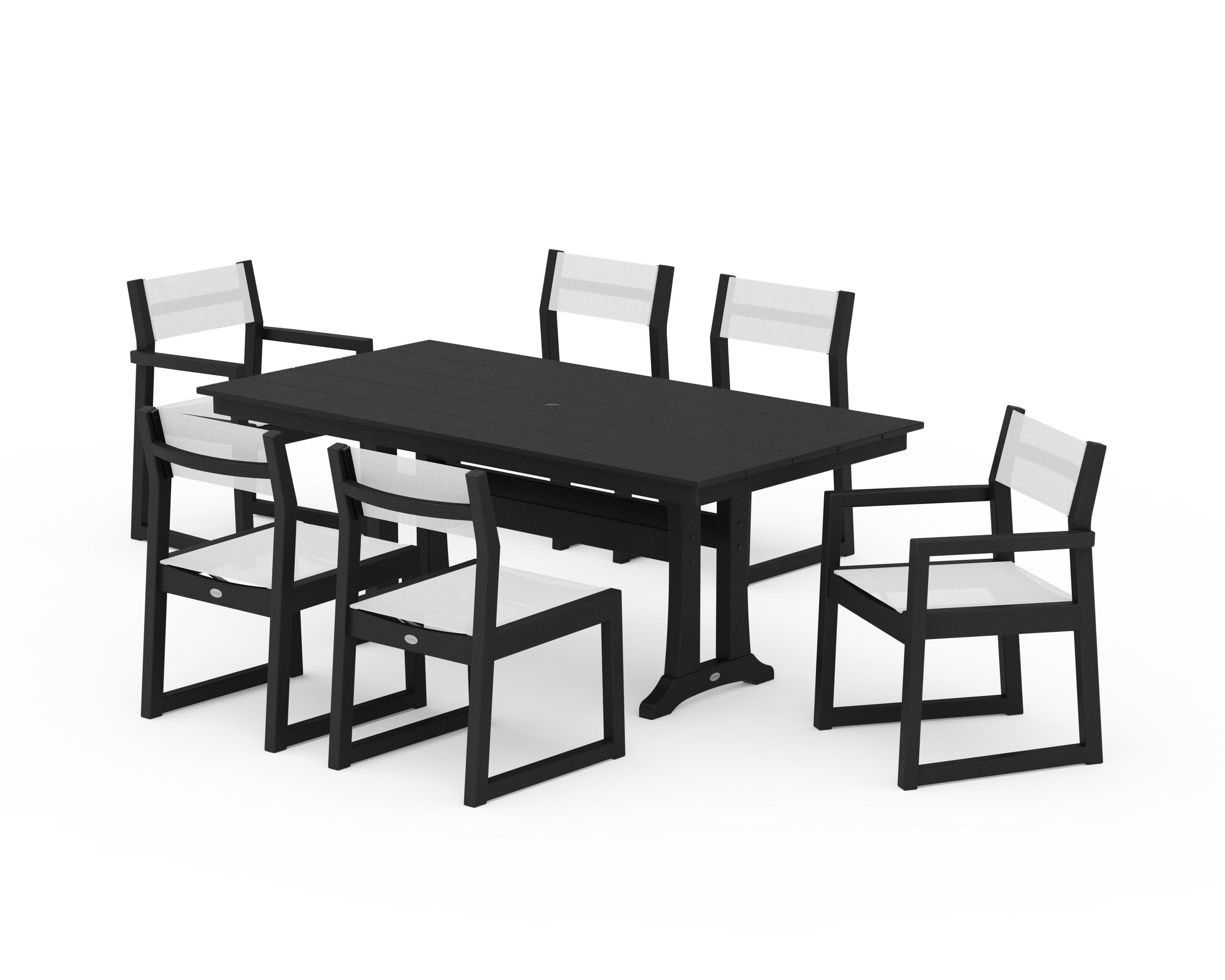 POLYWOOD® EDGE Sling 7-Piece Farmhouse Trestle Dining Set in Black / White Sling