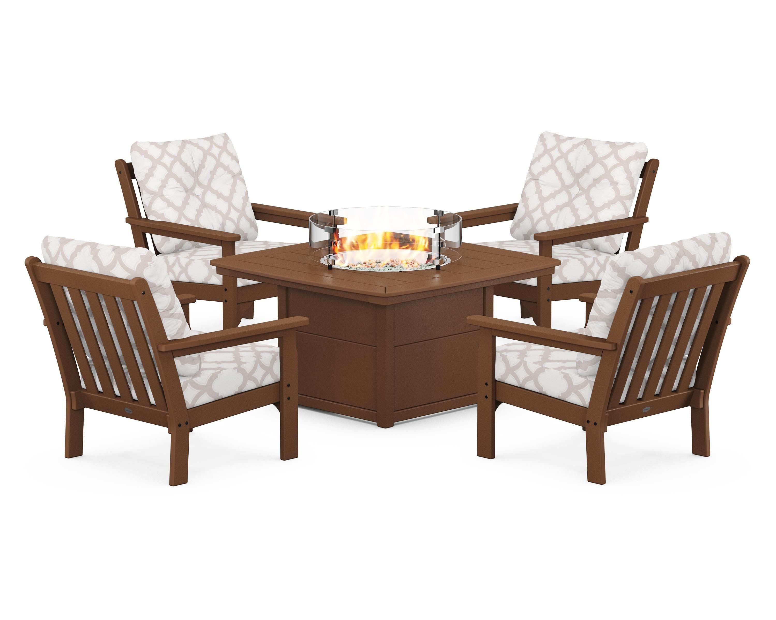 POLYWOOD® Vineyard 5-Piece Conversation Set with Fire Pit Table in Teak / Trellis Dune Burlap