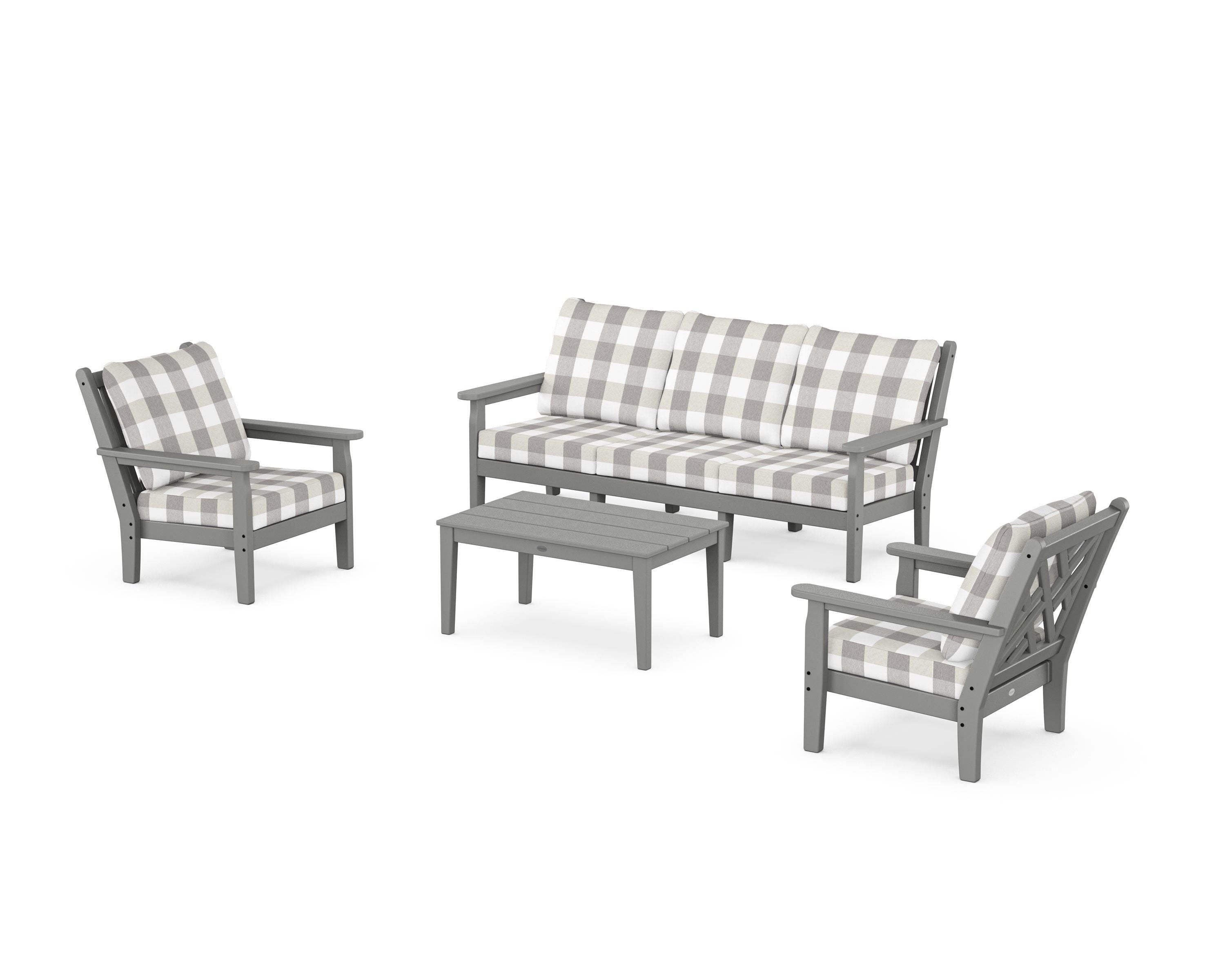 POLYWOOD® Chippendale 4-Piece Deep Seating Set with Sofa in Slate Grey / Buffalo Plaid Grey Mist