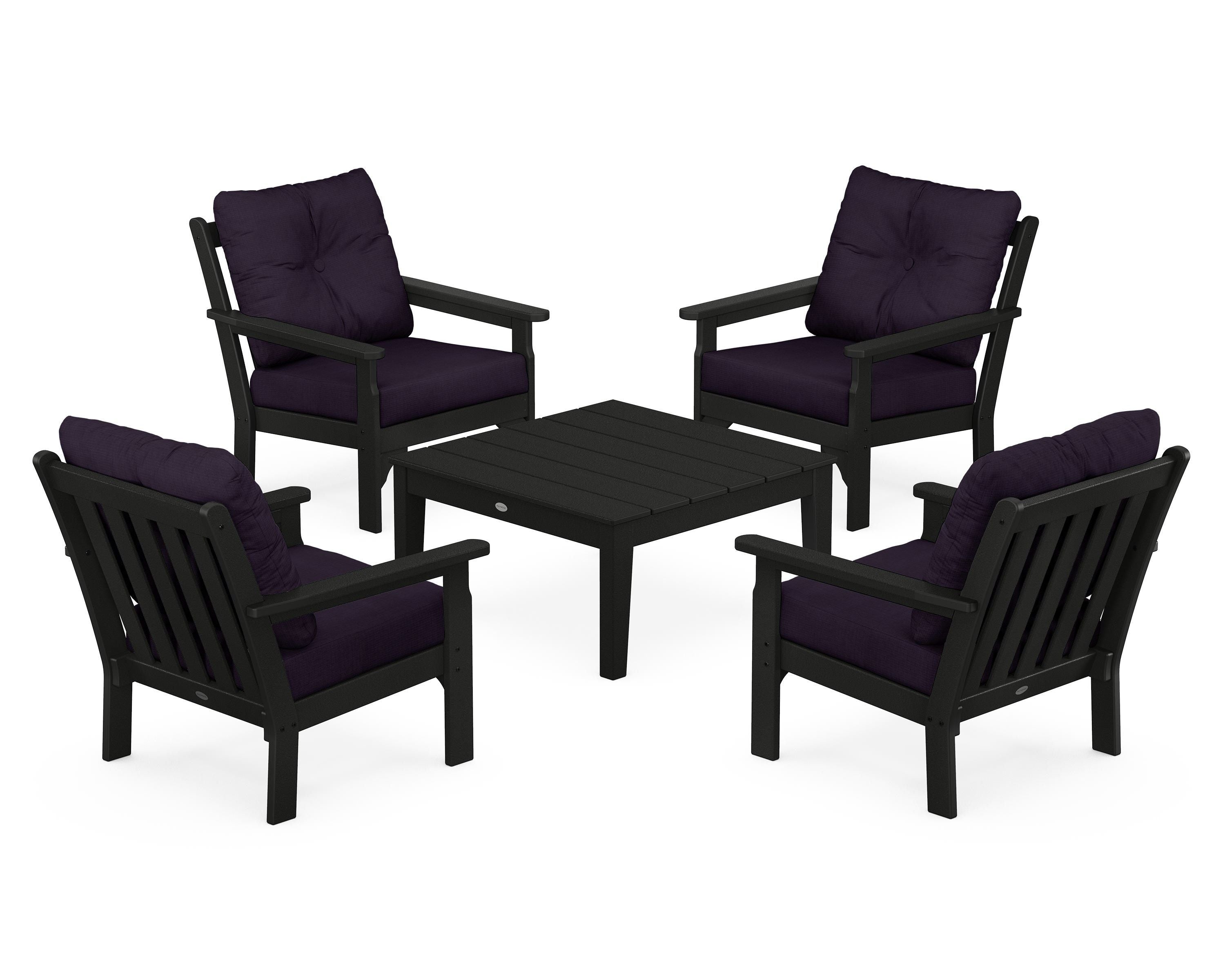 POLYWOOD® Vineyard 5-Piece Deep Seating Conversation Set in Black / Navy Linen