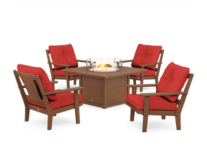 POLYWOOD® Prairie 5-Piece Deep Seating Set with Fire Pit Table in Teak / Crimson Linen