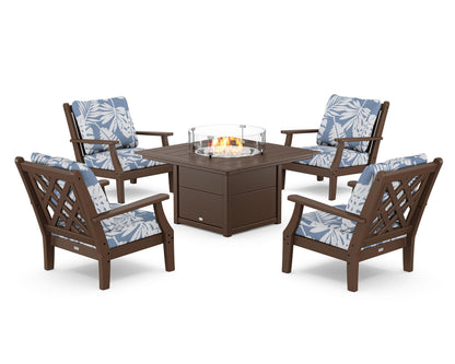 Country Living Wovendale 5-Piece Deep Seating Set with Fire Pit Table in Mahogany / Leaf Sky Blue