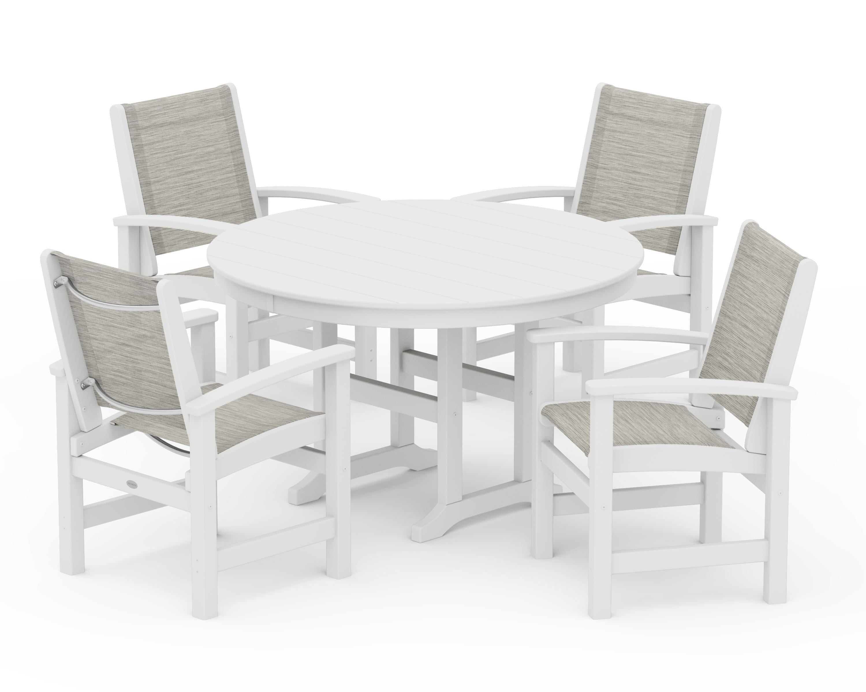 POLYWOOD® Coastal 5-Piece Round Farmhouse Dining Set in White / Birch Sling