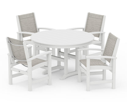 POLYWOOD® Coastal 5-Piece Round Farmhouse Dining Set in White / Birch Sling