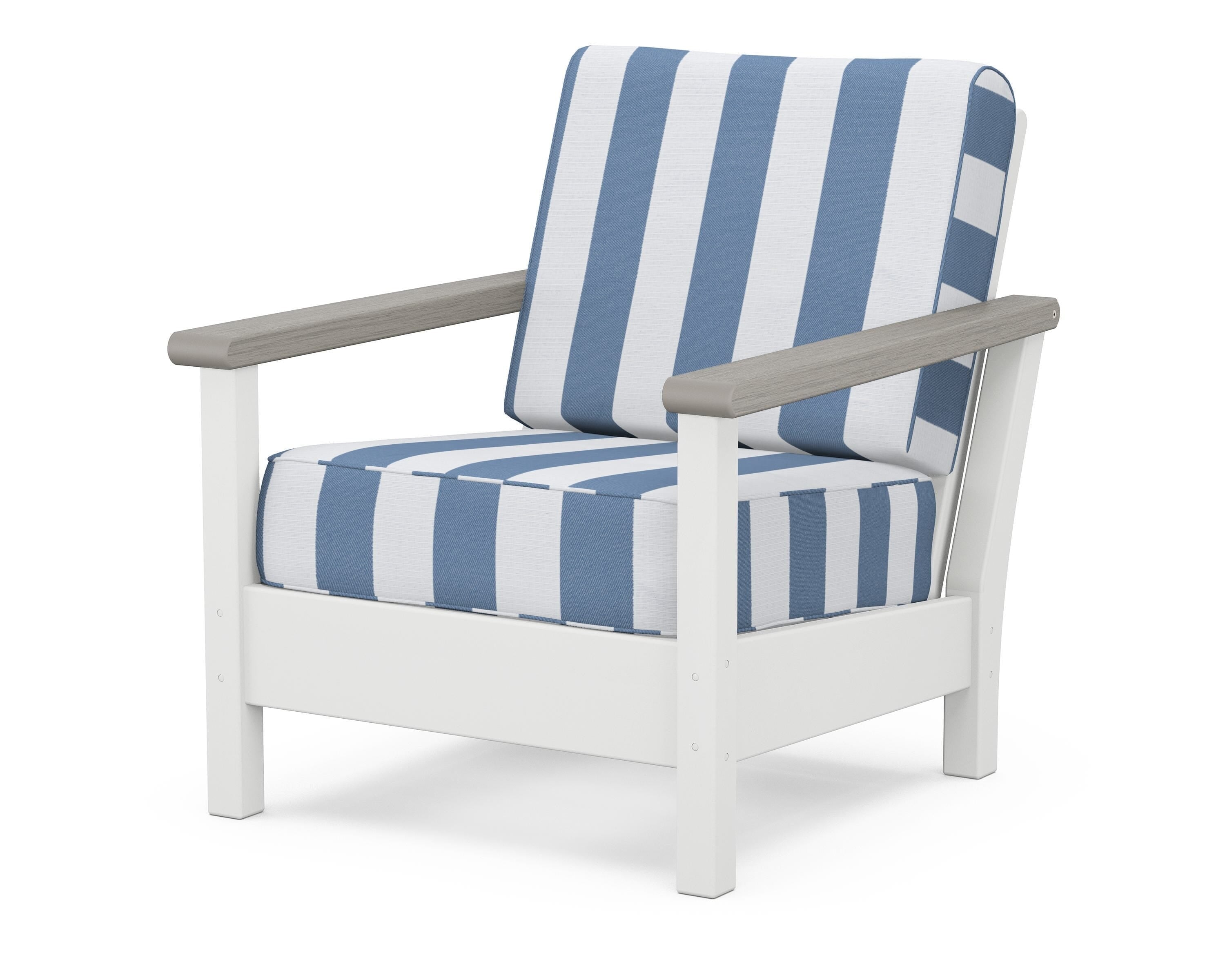 POLYWOOD® Harbour Deep Seating Chair in White / Driftwood / Cabana Stripe Sky Blue