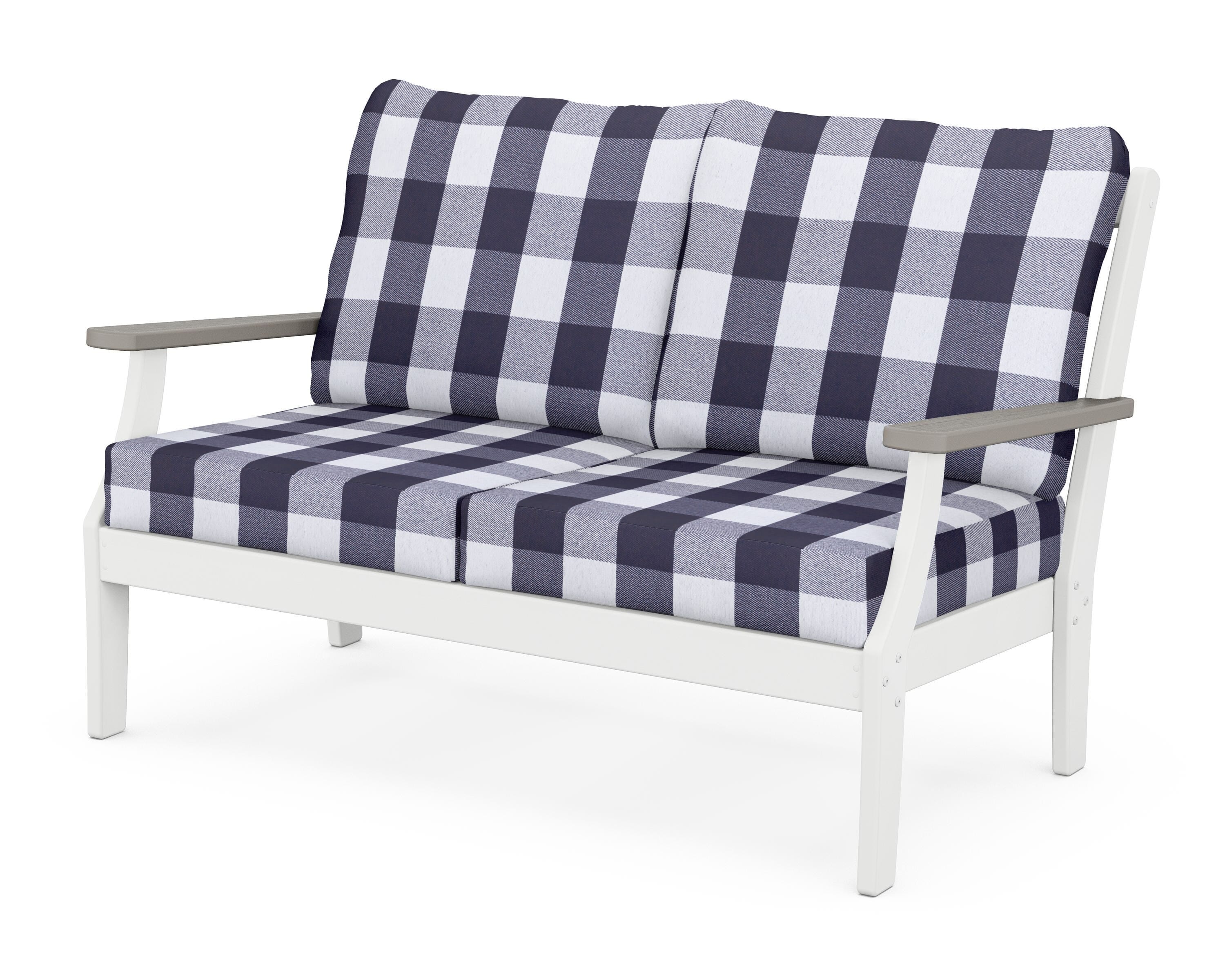 POLYWOOD® Braxton Deep Seating Loveseat in White / Driftwood / Buffalo Plaid Navy