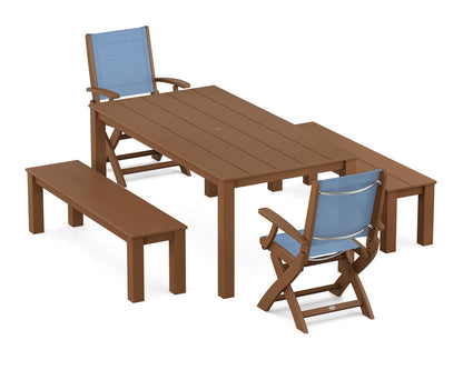 POLYWOOD® Coastal Folding Chair 5-Piece Parsons Dining Set with Benches in Teak / Poolside Sling