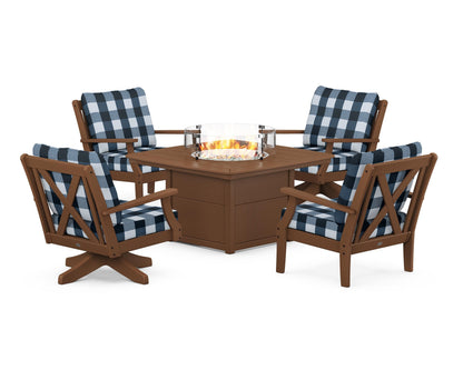 POLYWOOD® Braxton 5-Piece Deep Seating Set with Fire Table in Teak / Buffalo Plaid Marine Indigo