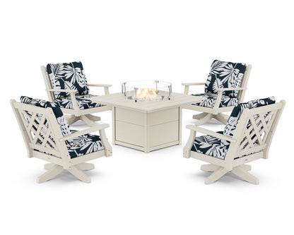 Country Living Wovendale 5-Piece Deep Seating Swivel Conversation Set with Fire Pit Table in Sand / Leaf Marine Indigo