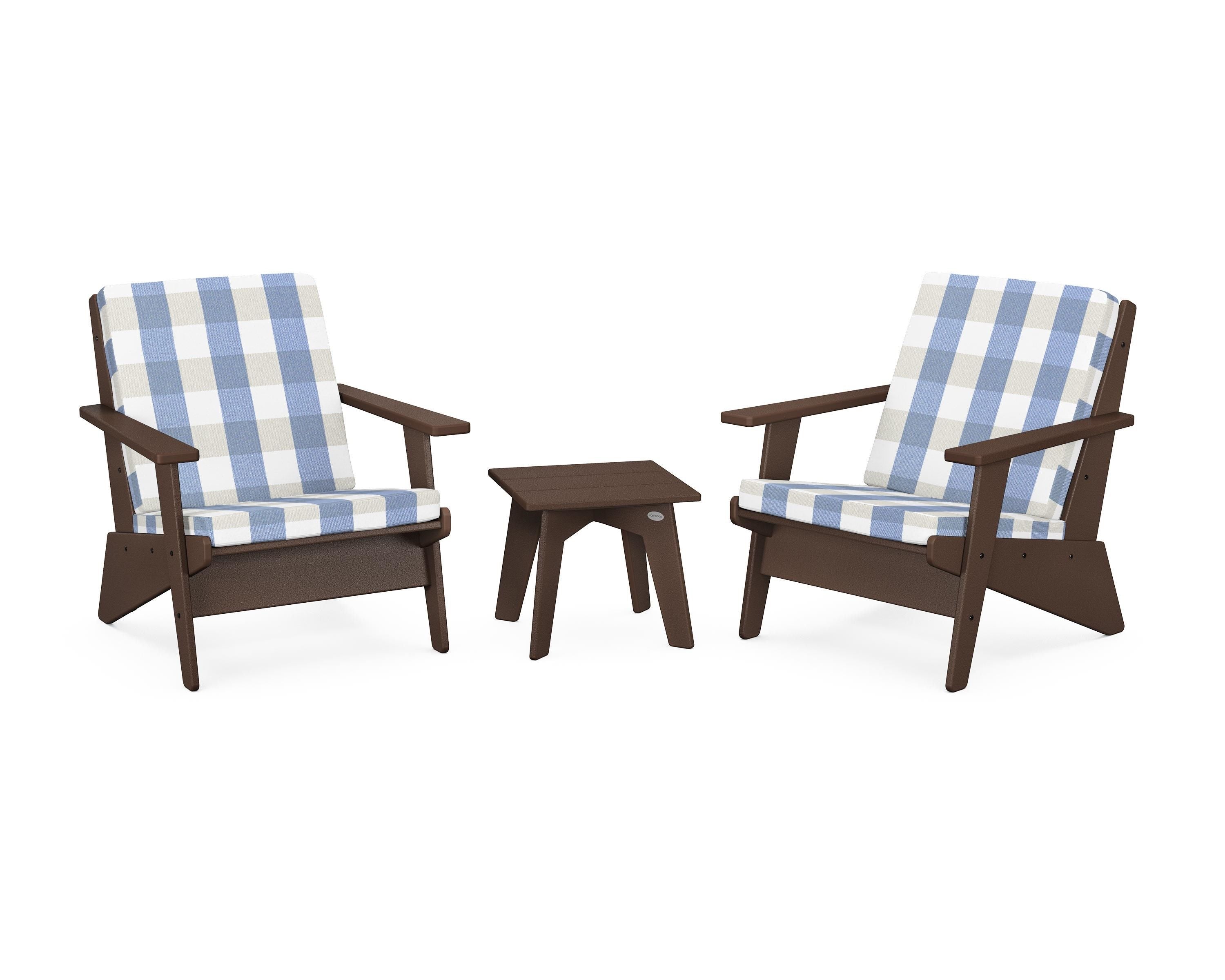 POLYWOOD® Riviera Modern Lounge 3-Piece Set in Mahogany / Buffalo Plaid Sky Blue