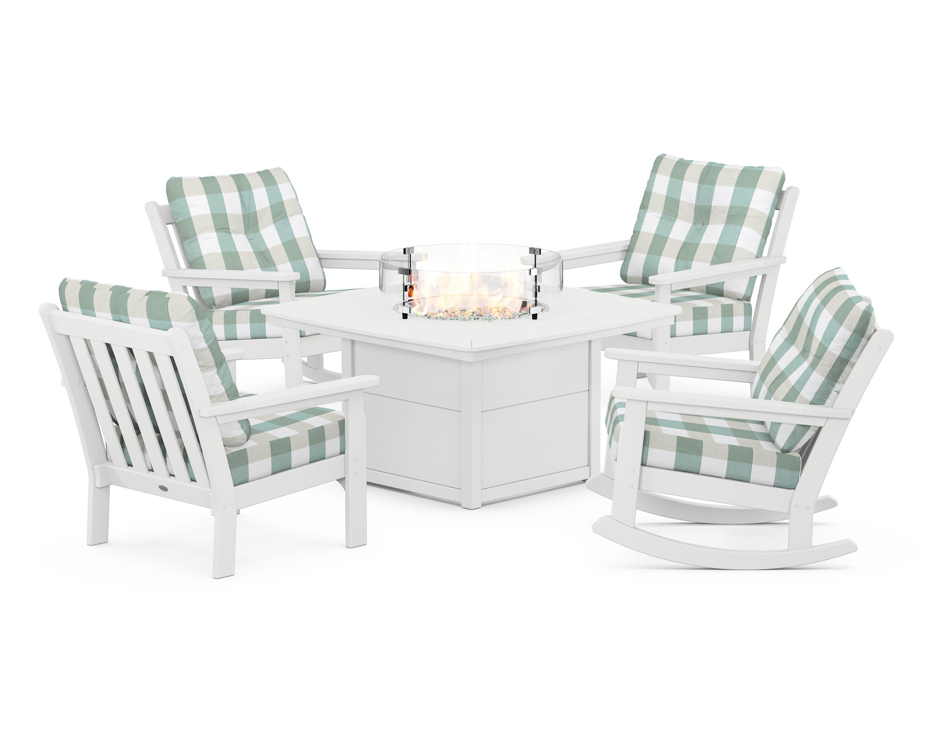 POLYWOOD® Vineyard 5-Piece Deep Seating Rocking Chair Conversation Set with Fire Pit Table in White / Buffalo Plaid Glacier Spa