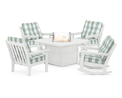 POLYWOOD® Vineyard 5-Piece Deep Seating Rocking Chair Conversation Set with Fire Pit Table in White / Buffalo Plaid Glacier Spa