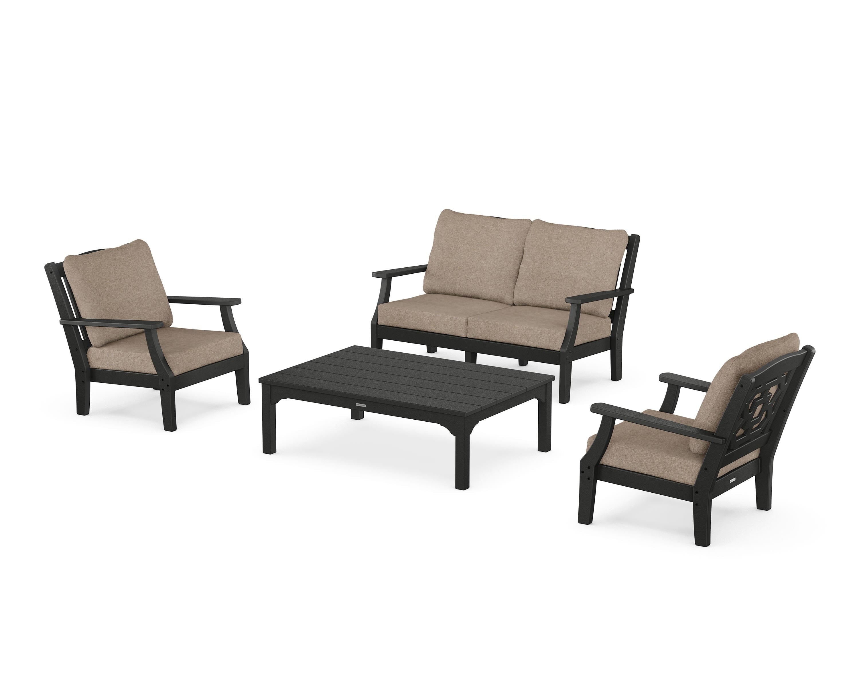 Martha Stewart by POLYWOOD® Chinoiserie 4-Piece Deep Seating Set with Loveseat in Black / Spiced Burlap