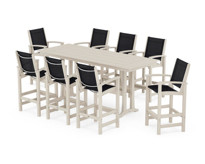 POLYWOOD® Coastal 9-Piece Farmhouse Bar Set with Trestle Legs in Sand / Black Sling