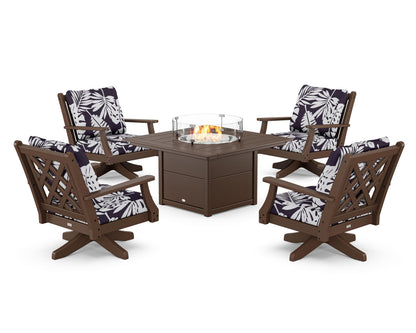 Country Living Wovendale 5-Piece Deep Seating Swivel Conversation Set with Fire Pit Table in Mahogany / Leaf Navy
