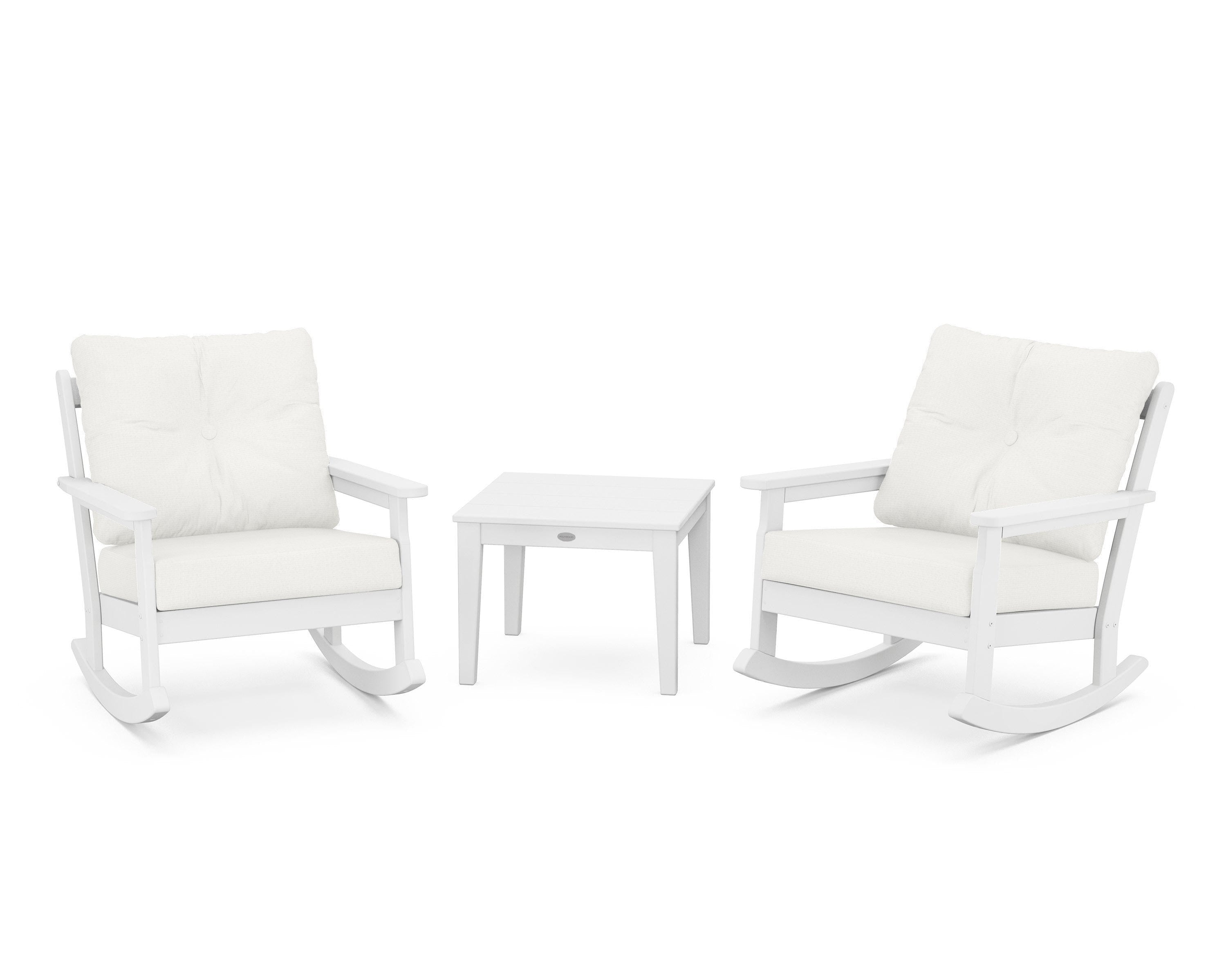 POLYWOOD® Vineyard 3-Piece Deep Seating Rocker Set in White / Natural Linen