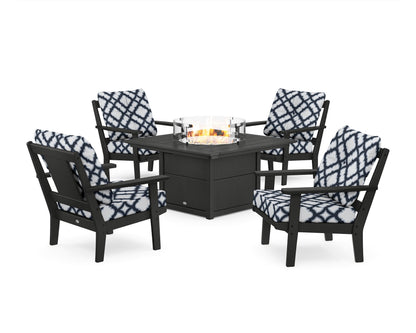 POLYWOOD® Prairie 5-Piece Deep Seating Set with Fire Pit Table in Black / Trellis Marine Indigo