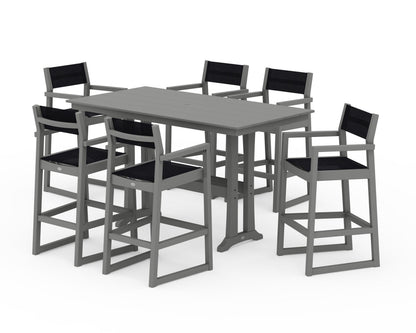 POLYWOOD® EDGE Sling Arm Chair 7-Piece Farmhouse Bar Set with Trestle Legs in Slate Grey / Black Sling