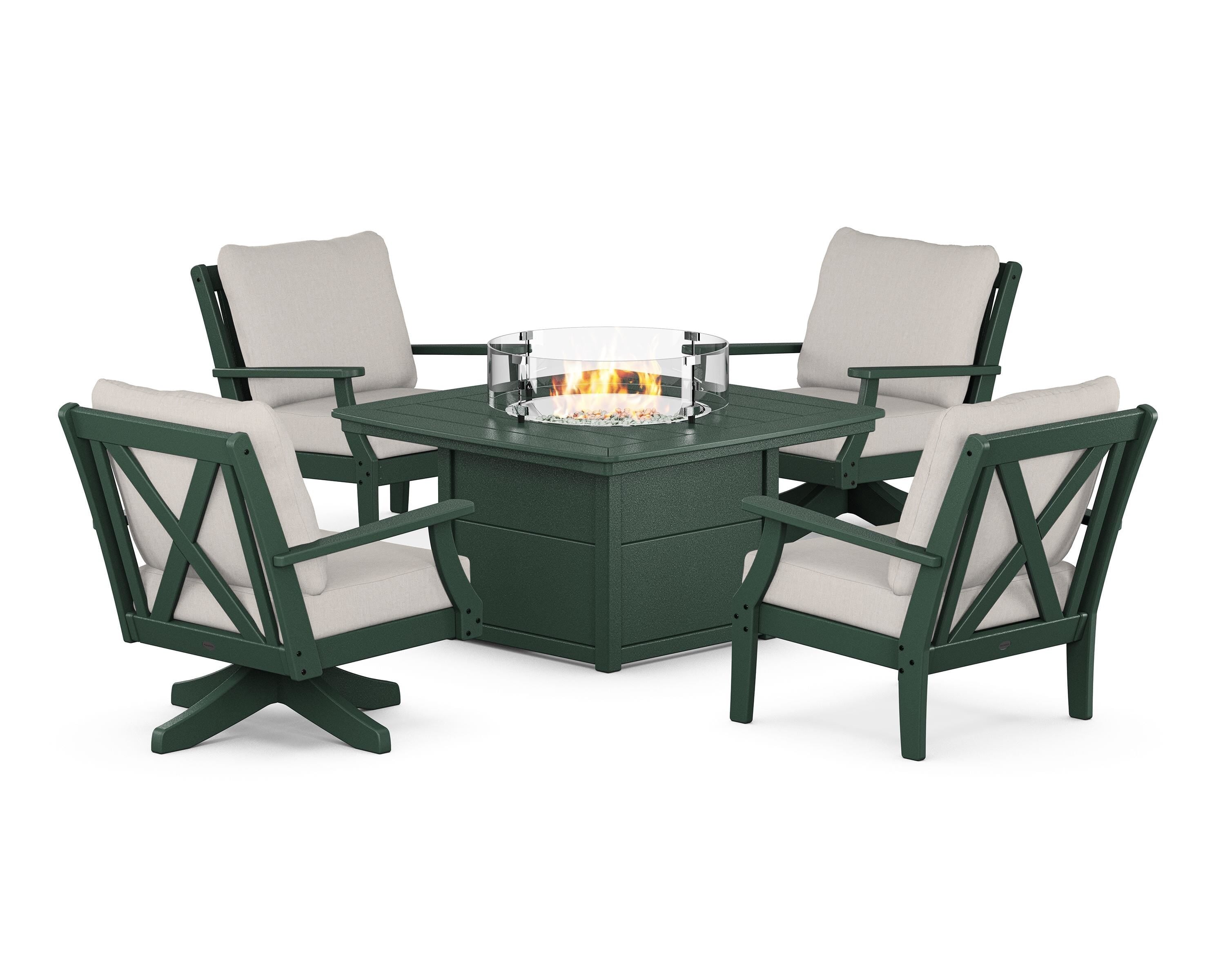 POLYWOOD® Braxton 5-Piece Deep Seating Set with Fire Table in Green / Cast Ash