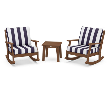 POLYWOOD® Braxton 3-Piece Deep Seating Rocker Set in Teak / Cabana Stripe Navy