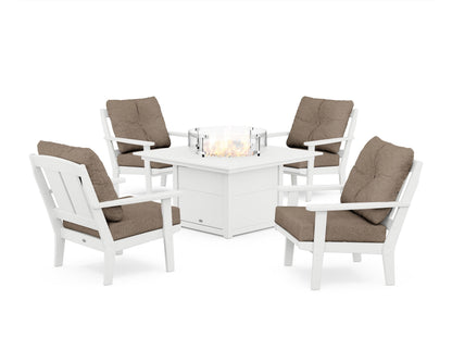 POLYWOOD® Mission 5-Piece Deep Seating Set with Fire Pit Table in White / Spiced Burlap