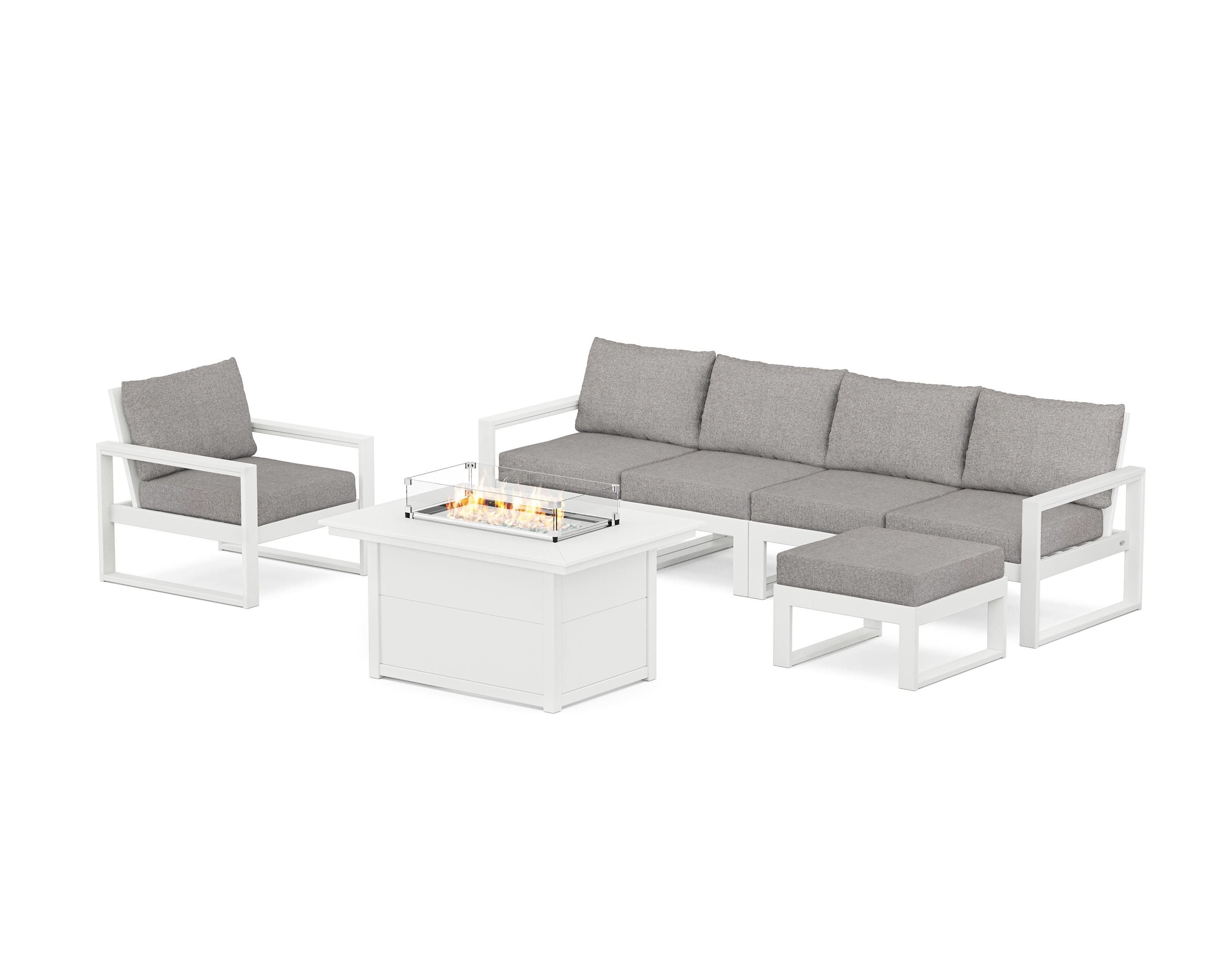 POLYWOOD® EDGE Sectional Lounge and Fire Pit Set in White / Grey Mist