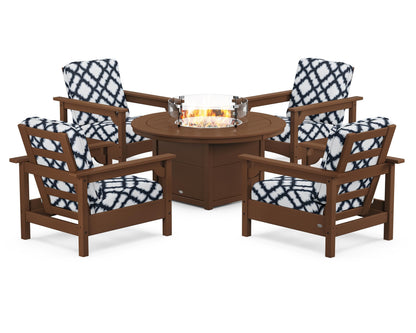 POLYWOOD® Club 5-Piece Conversation Set with Fire Pit Table in Teak / Trellis Marine Indigo