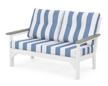 POLYWOOD® Vineyard Deep Seating Loveseat in White / Driftwood / Cabana Stripe Sky Blue