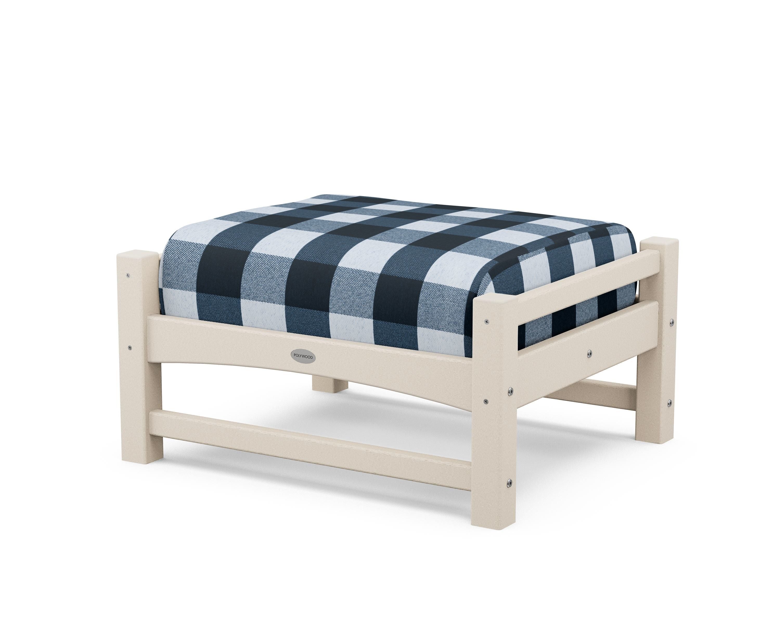 POLYWOOD® Club Ottoman in Sand / Buffalo Plaid Marine Indigo