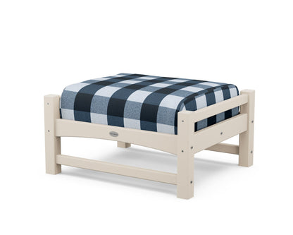 POLYWOOD® Club Ottoman in Sand / Buffalo Plaid Marine Indigo