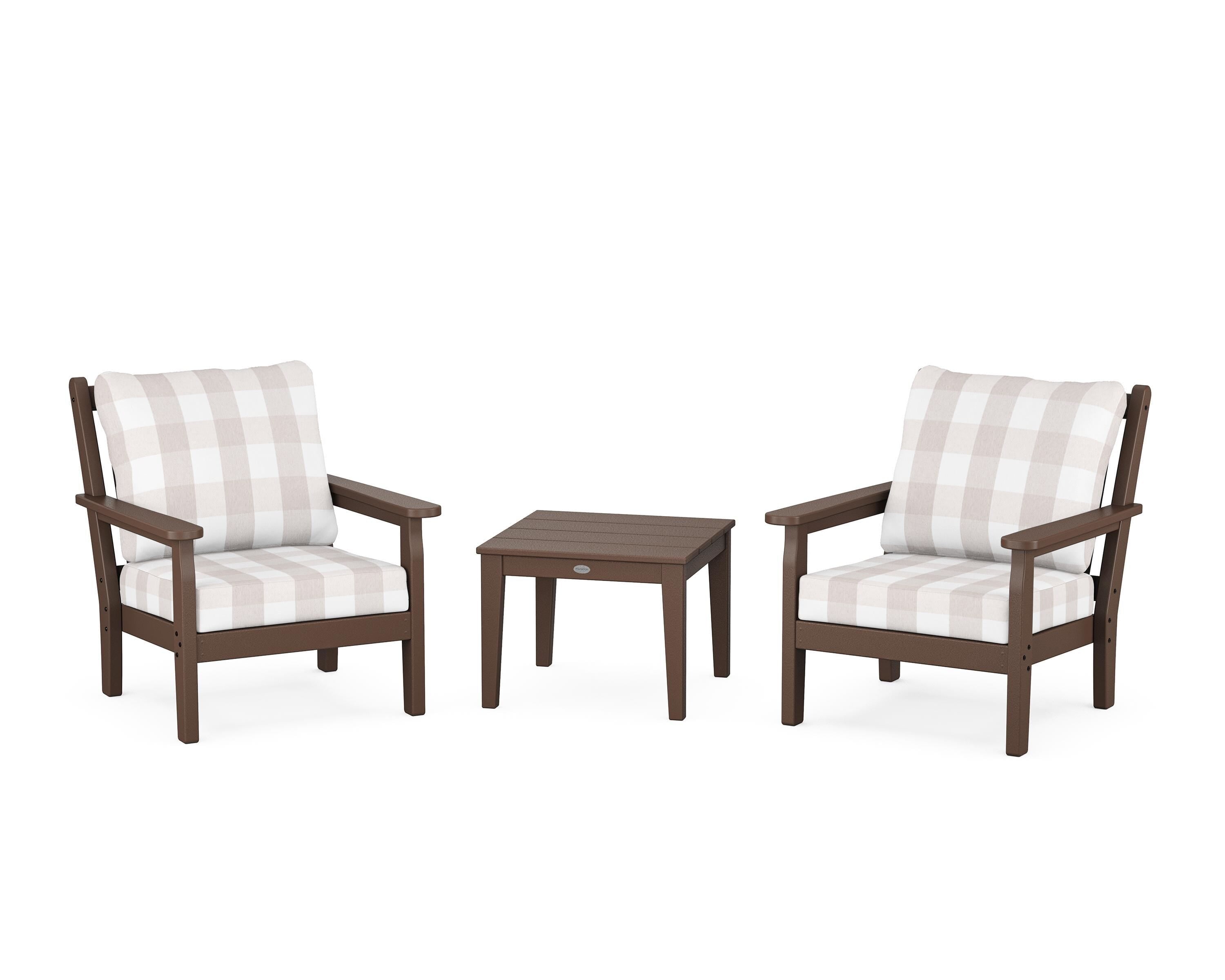 POLYWOOD® Chippendale 3-Piece Deep Seating Set in Mahogany / Buffalo Plaid Dune Burlap