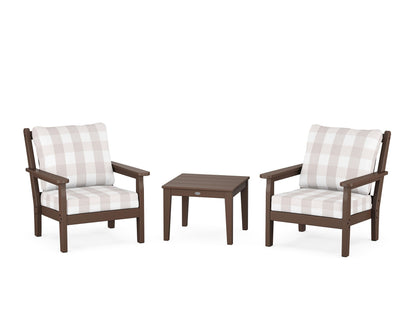 POLYWOOD® Chippendale 3-Piece Deep Seating Set in Mahogany / Buffalo Plaid Dune Burlap
