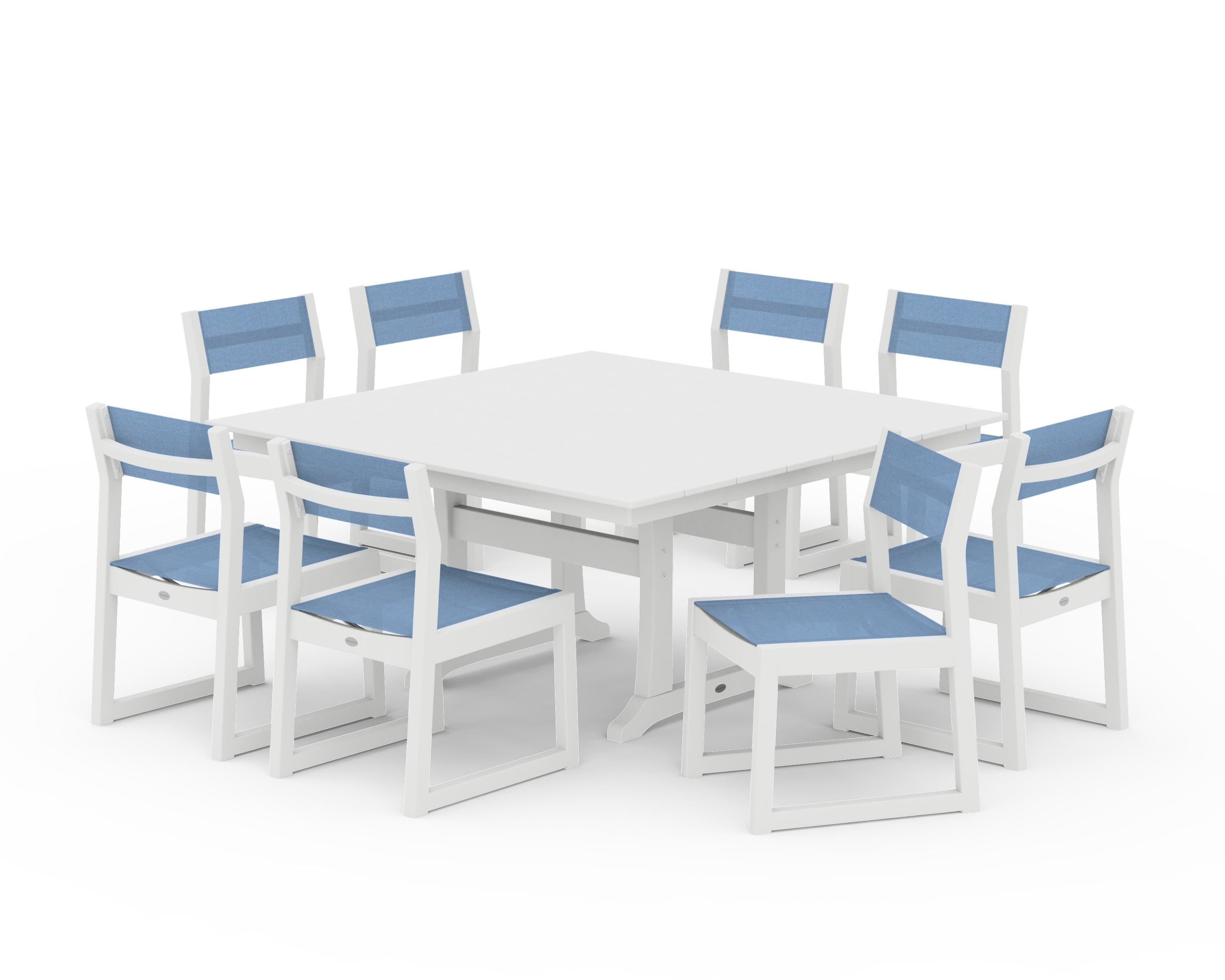 POLYWOOD® EDGE Sling Side Chair 9-Piece Farmhouse Trestle Dining Set in White / Poolside Sling