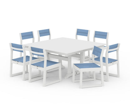POLYWOOD® EDGE Sling Side Chair 9-Piece Farmhouse Trestle Dining Set in White / Poolside Sling