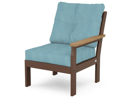 POLYWOOD® Vineyard Modular Right Arm Chair in Mahogany / Natural / Lattice Sky Blue