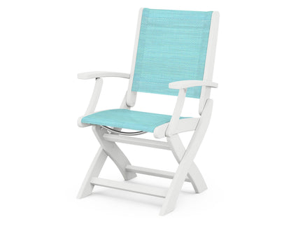 POLYWOOD® Coastal Folding Chair in White / Dupioni Aquamarine Sling