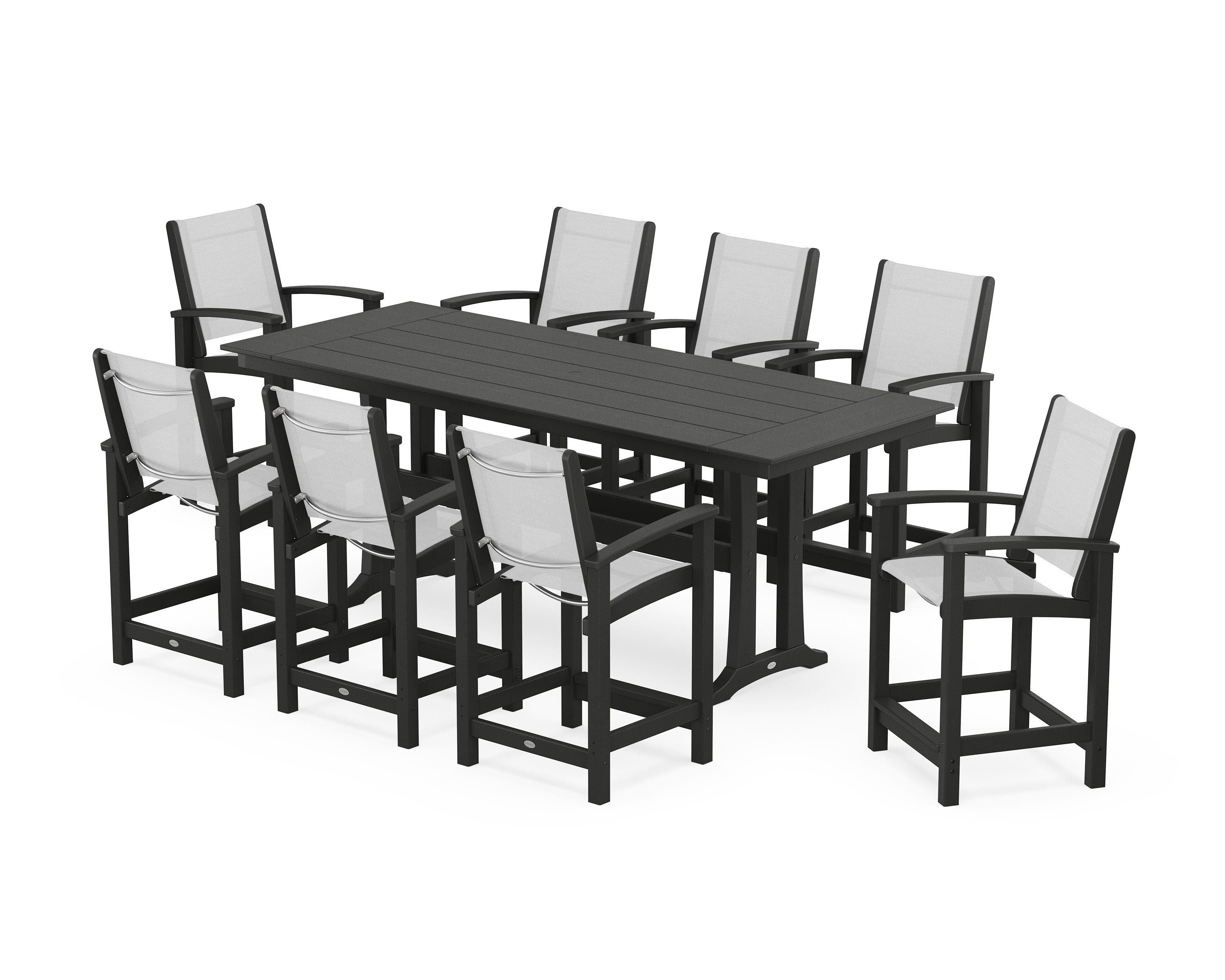 POLYWOOD® Coastal 9-Piece Farmhouse Counter Set with Trestle Legs in Black / White Sling