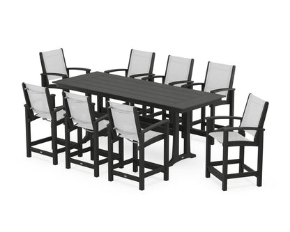 POLYWOOD® Coastal 9-Piece Farmhouse Counter Set with Trestle Legs in Black / White Sling