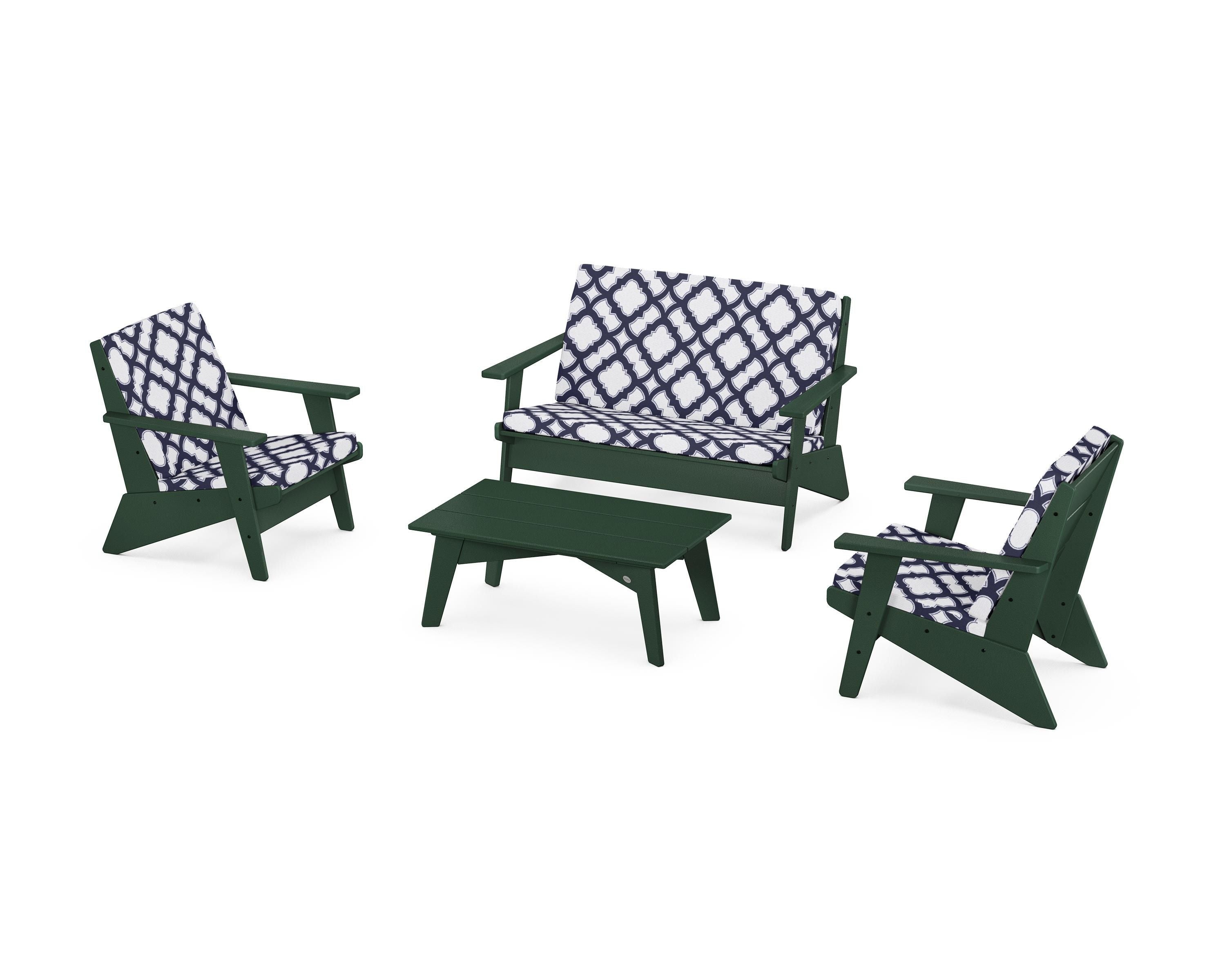 POLYWOOD® Riviera Modern Lounge 4-Piece Set in Green / Trellis Navy
